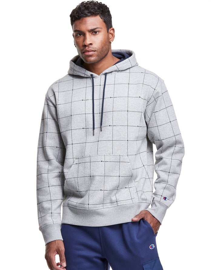 Champion Powerblend All Over Logo Erkek Kapşonlu Sweatshirt Gri ( NJSBXV372 )